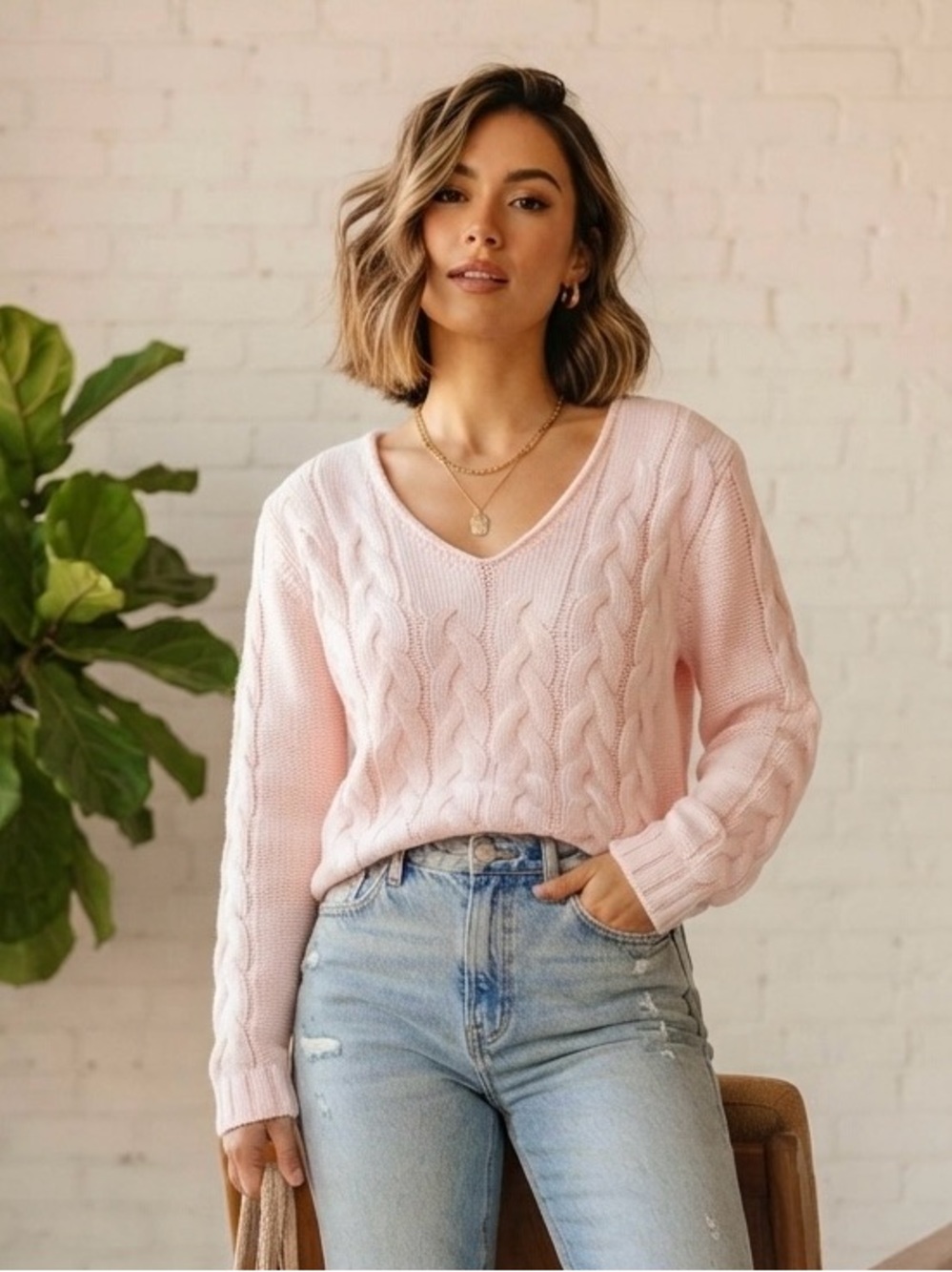 Edikted Light Pink Cable Knit V-Neck Sweater - Size XS